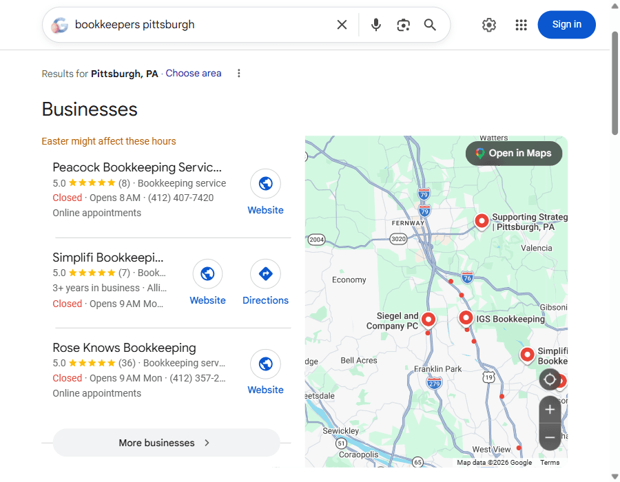 Google search results showing a local bookkeeper ranking #1 in Pittsburgh
